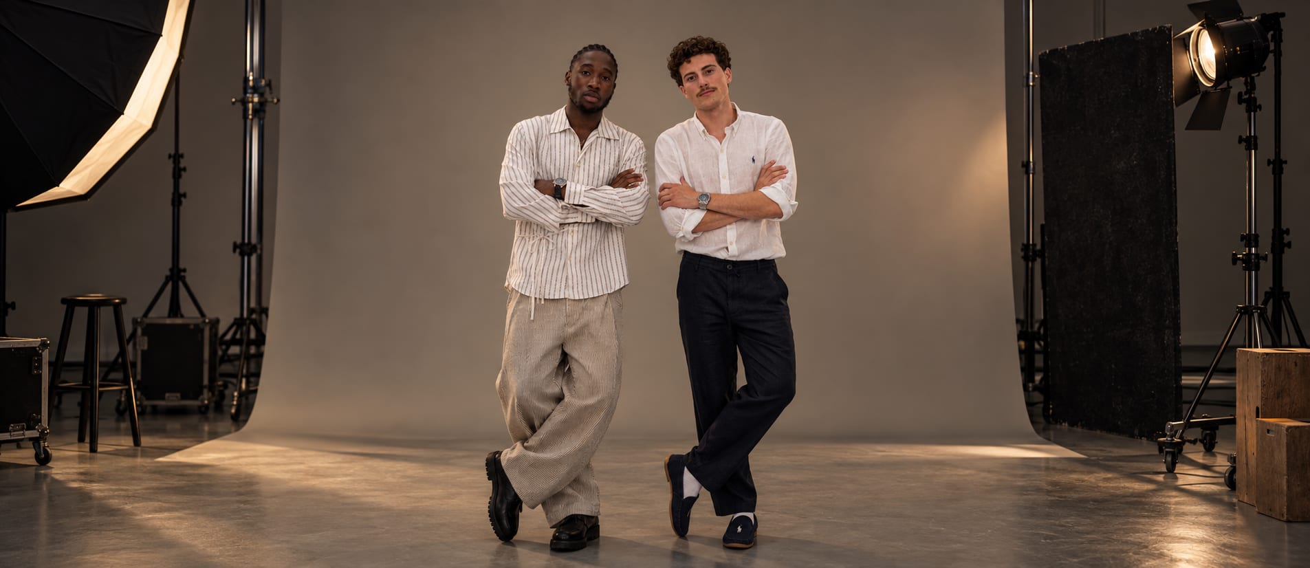 Davide Giubbilei and Christopher Mvula Mobwete, founders of Alzati, in a photo studio